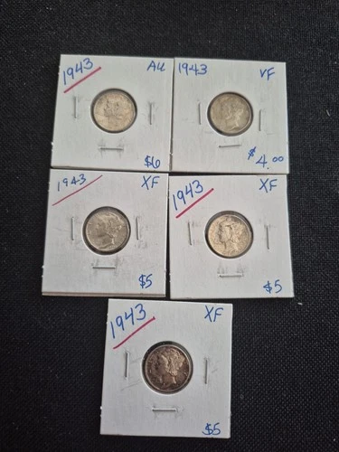 5 High Quality XF-AU 1943 Silver Mercury Dimes.  Beautiful Coins!