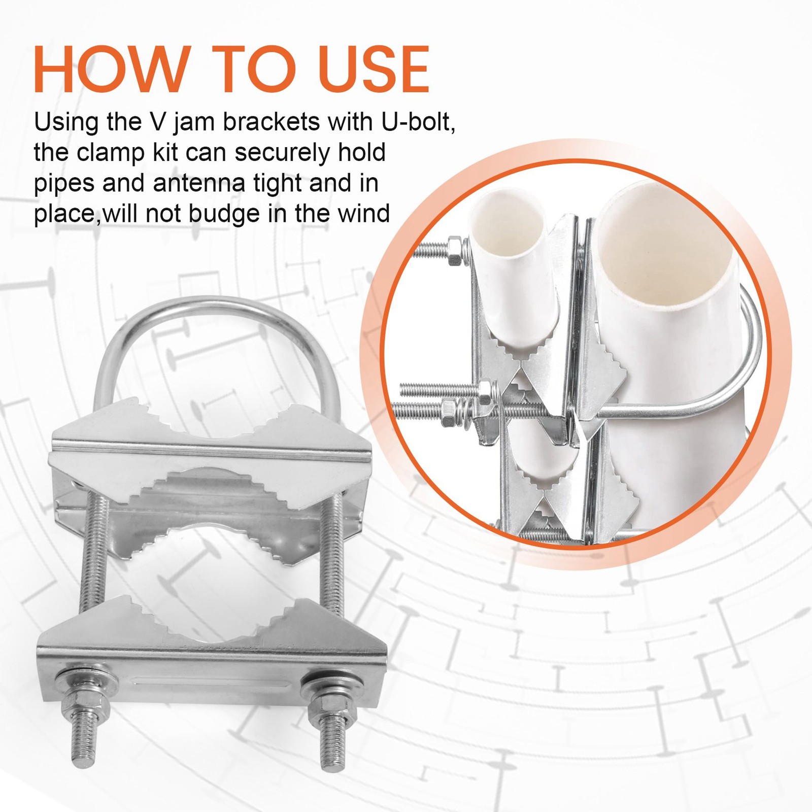 Antenna Mast Clamp V-Jaw Bracket U Bolts Pipe Mounting Hardware 2 Sets for9322