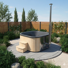 Badefass mit Holzofen 200 cm quadratisch Fichte Badezuber Whirlpool Hot Tub
