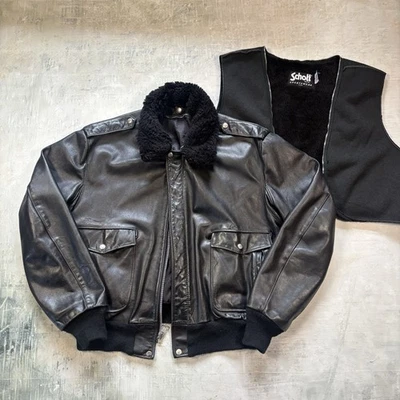 Vintage Schott G1 Leder Fliegerjacke L/XL mit abnehmbarem Teddy-Futter Schwarz - Bild 1 von 4