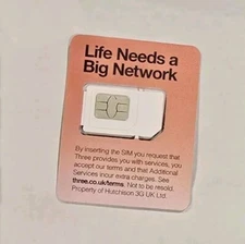 Three UK 3uk Multi triple tri 3 in 1 LTE 4G 5G Sim Card Travel