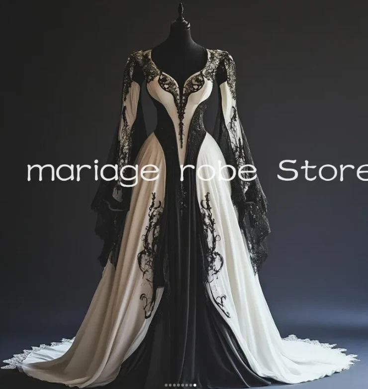 History Black White Gothic Victorian Wedding Dresses Fariy Long Sleeve Lace-up - Image 3 of 4