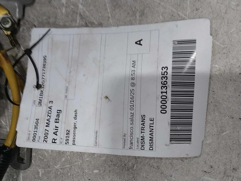 2007 MAZDA 3 Instrument Panel Air Bag RED OEM BP4K57K50C Used 183k Miles Foto 3 de 4