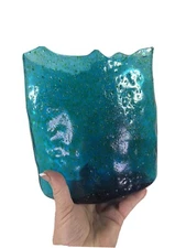 vtg hand blown studio glass vase forest green raw texture raw edging 8x8