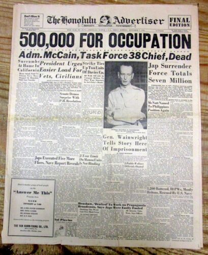 1945 Honolulu HAWAII GIORNALE SECONDA GUERRA MONDIALE FINISCE con 500.000 TRUPPE USA CHE OCCUPANO IL GIAPPONE - Foto 2 di 5