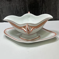 Old Paris Porcelain Handled Sauce Gravy Boat Peach Stripe & Under Plate