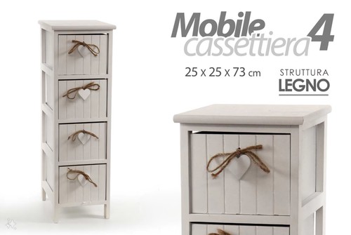 MOBILE A CASSETTIERA CON 4 CASSETTI IN LEGNO 25 X 25 X H73CM COLORE BIANCO