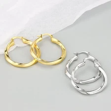 Women Silver Gold Overlay Twist Click-Top Huggie Hoop Earrings 38mm Gift PE