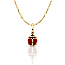 14K Yellow Gold Lady Bug Luck Charm Pendant 1.2mm Flat Open Wheat Chain Necklace