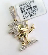 Yellow Gold Sonic Hedgehog Natural Diamond Pendant New Sega Game 1.25 Inches