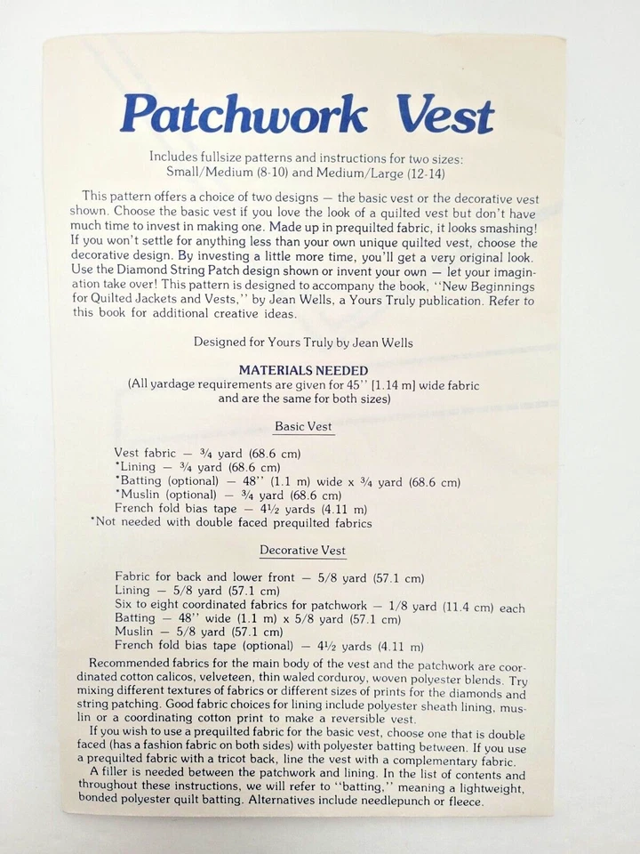 Vintage Yours Truly Sewing Pattern Misses Patchwork Vest Quilting Sz 8-10 12-14 - Image 2 of 2
