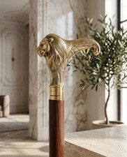 Antique Solid Brass Lion Head Handle Vintage Wooden Walking Stick Nautical Cane