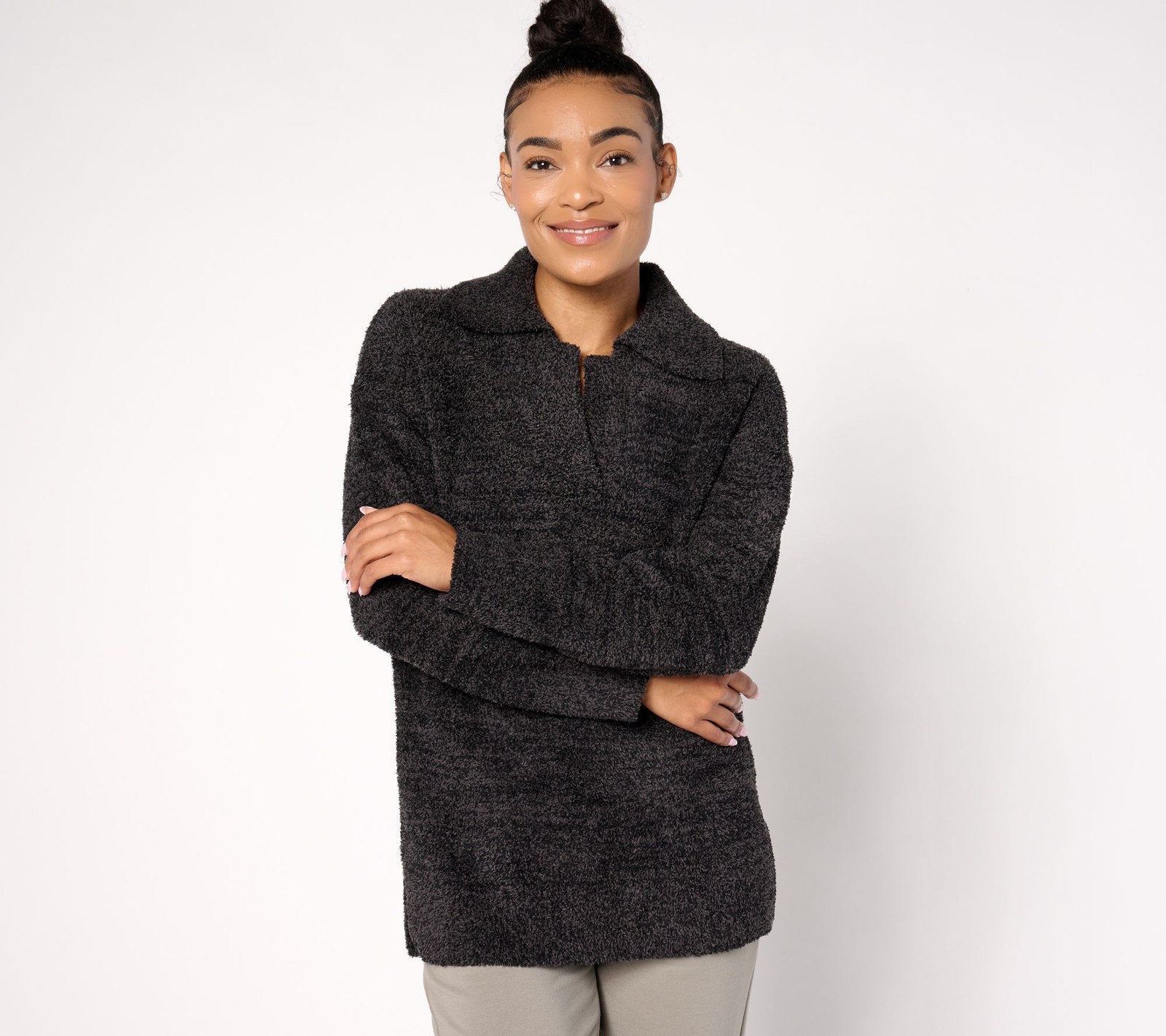 Barefoot Dreams Women's Top Sz S CozyChic Collared Tunic Black A660854