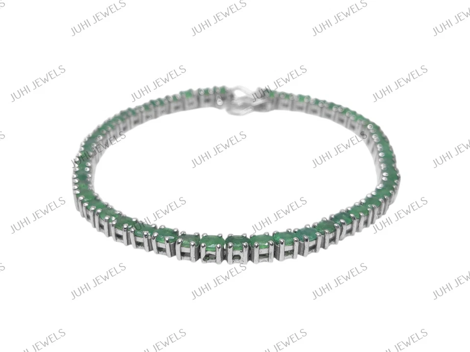 Brazalete Tenis Plata 925 Esmeralda 4x5 mm Ovalado Esmeralda Piedra Natal Brazalete Mayo Foto 2 de 4