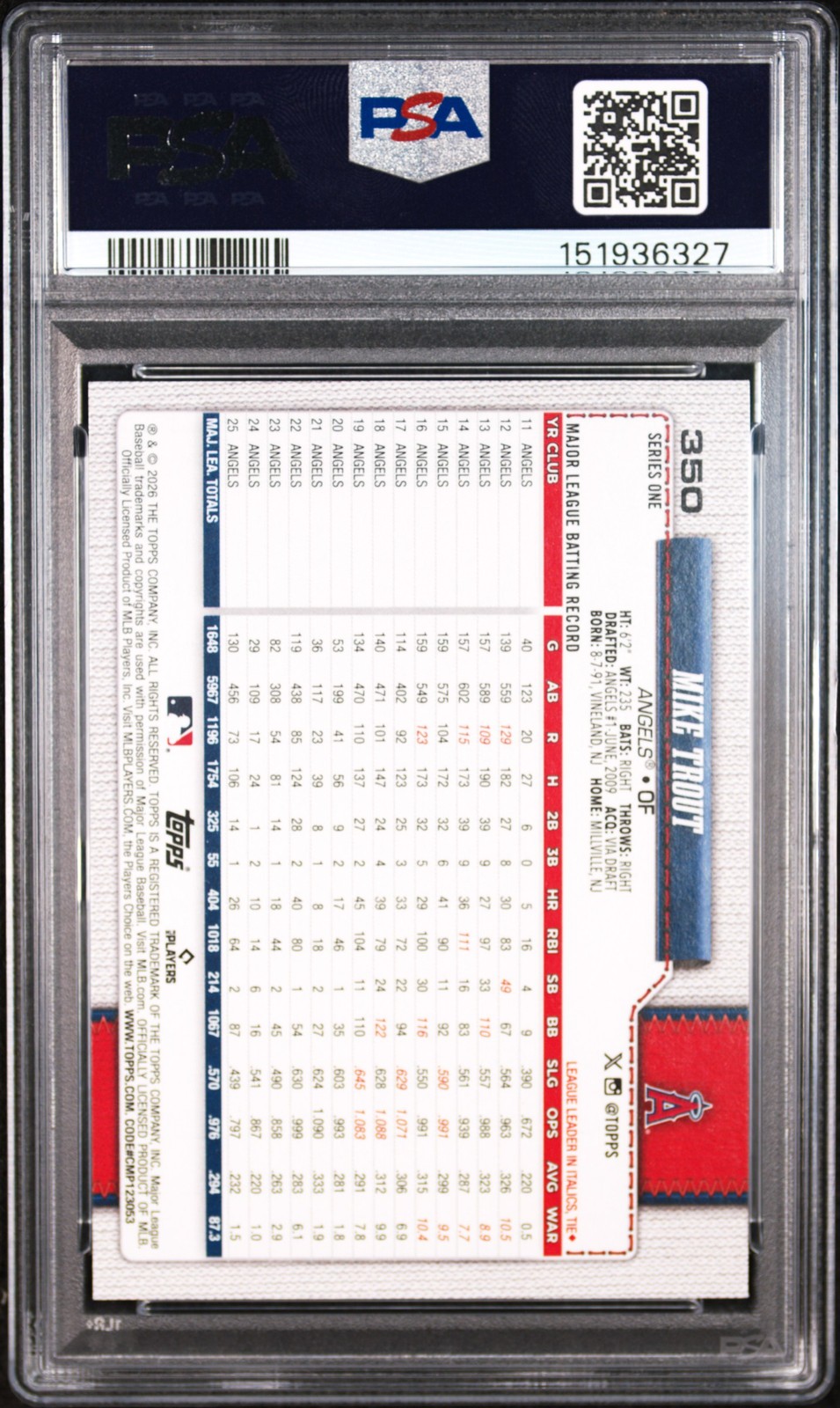 2026 TOPPS #350 MIKE TROUT PSA 10 view 2