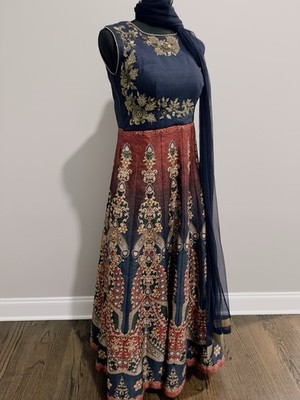Navy Red Gold Embroidered Sleeveless Maxi Gown Dress M Formal Indian Mesh |  eBay
