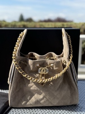 Auth BNIB Chanel 25 Hobo Bag Small Light Grey Suede Aged Gold
