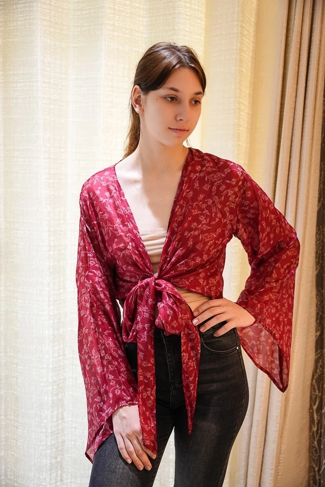 Wrap Top Pure Silk Tie Blouse Dress Girls Woman Y2k Boho crop Top PS PSW1710 - Image 4 of 4