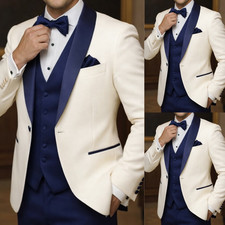 Wedding Groomman Men's Suit wtih Navy Blue Peak Lapel Prom 3Pcs Tuxedo Jacket