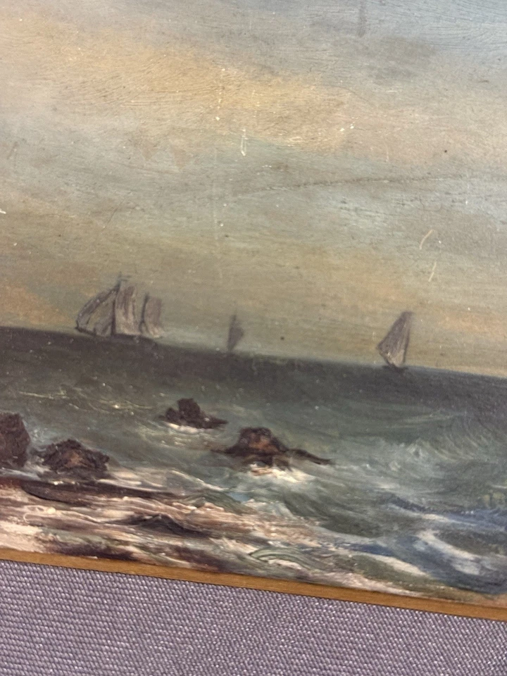 Antique Nautical Miniature Oil on Board Seascape Painting w/ Sailboats - Image 4 of 4