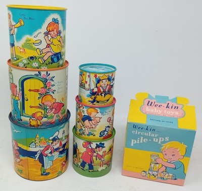 Chad Valley Wee-Kin Kinderreim Blech Rundstapel Nistspielzeug in Schachtel