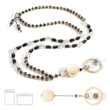 Teacher Lanyards For ID Badges Keys Retractable Beaded Crystal Black Cream