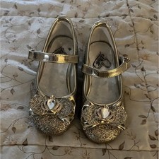 Stelle Girls' Mary Jane Hook Loop Dress Shoes Gold Glitter Bow Gem Low Heel