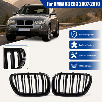 Für BMW X3 E83 LCI 07-10 Schwarz Glänz Doppelsteg Kühlergrill Nieren L+R