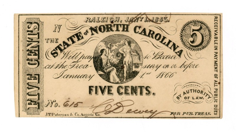 1863 Cr.148 5c The State of NORTH CAROLINA Note - CIVIL WAR Era AU