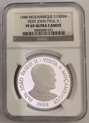 MOZAMBIQUE 1000 Meticais 1988 Silver NGC PF69 Papal Visit Pope John Paul II