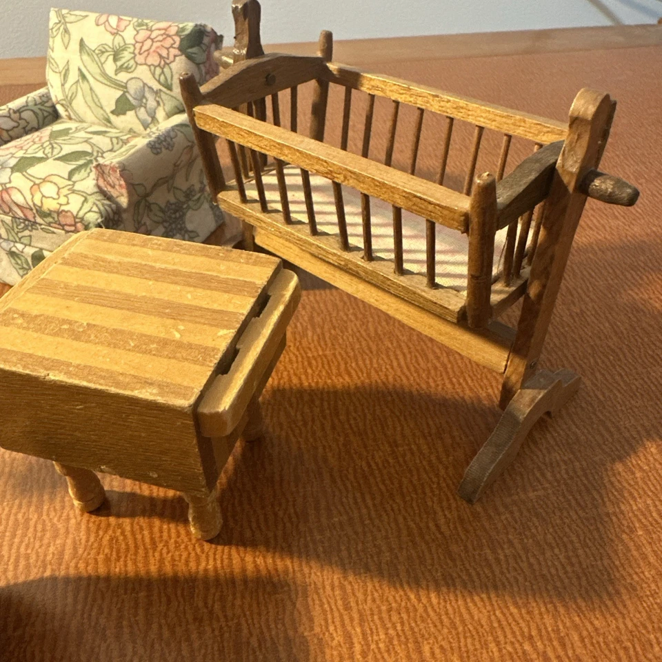 Vtg Miniature Dollhouse Furniture Living And Dining Baby Cradle Coat Rack - Image 3 of 4