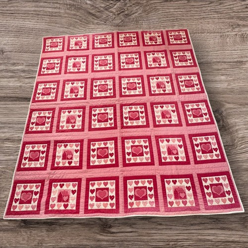 Vintage Handmade Quilt, Red/Pink Hearts/Houses, Needs Work, 81 x 88”