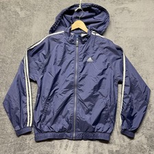 Vintage Adidas Jacket Men Large Blue 3-Stripe Hooded Windbreaker Track Nylon Y2K