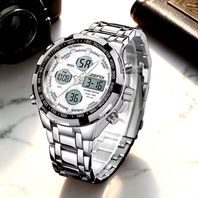 Men Watch Double Display Precision Steel Band Water-Resistant Multi-Functional