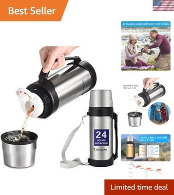 41 Ounce Silver Vacuum Insulated Coffee Thermos with Twist Top and Cleaning B...