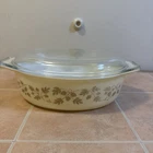 Vintage Pyrex Golden Acorn 2.5 Qt Oval Casserole Dish with Lid 045 Oak Leaf