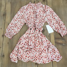 NEW Sweet Rain Pink And Red Floral Prairie Dress High Neck Belted Waist Med