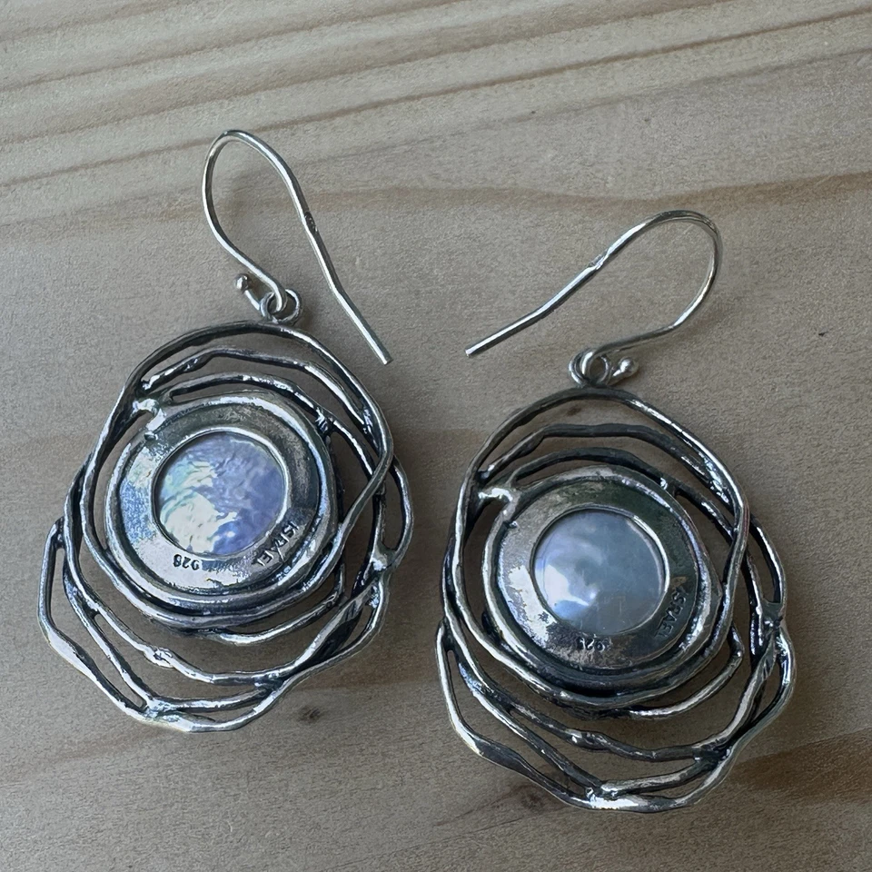 VTG Israel Hook Dangle Earrings 1.75" Blister Cultured Pearls 925 Sterling 10.4g - Image 2 of 4