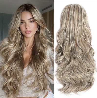 Long Ash Blond Light Brown Wavy Layered Body Wave Free-Part Wig for Women