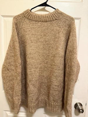 Hand Knitted Women s Beige Wool Knit Crew Neck Pullover Sweater XL Solid