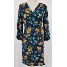 J Crew Floral Wrap Dress 0 V Neck 3/4 Sleeves Navy Blue Mustard Yellow K0109