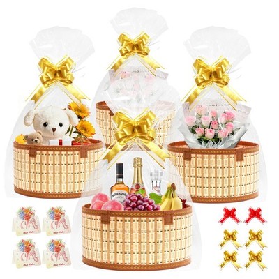 4 PCS Large Round Woven Empty Gift Baskets Cellophane Wrap Bags Bows Cards