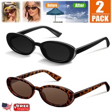 2x Retro Oval Sunglasses for Women Chic Cat Eye 90s Narrow Shades Trendy UV 400