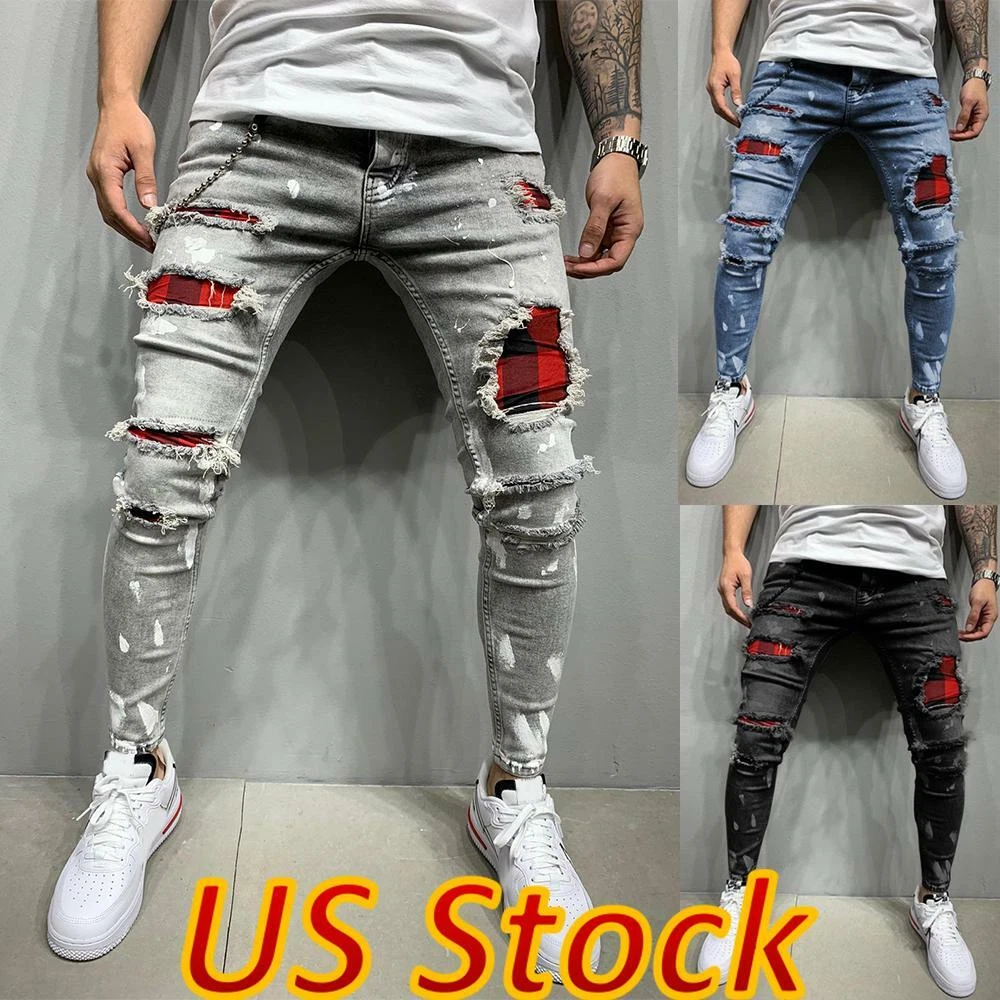 Fashion Casual White Ripped Jeans For Men Jeans Pants Slim Skinny Stretch  Denim Pants Man Elastic