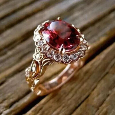 Art Deco Style 3Ct Oval Created Red Rhodolite Women's Ring 14K Rose Gold Finish