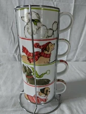PIER 1 IMPORTS STACKING PARK AVENUE PUPS DOGS COFFEE CUP MUG CUPS -METAL HOLDER