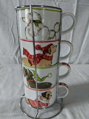 PIER 1 IMPORTS STACKING PARK AVENUE PUPS DOGS COFFEE CUP MUG CUPS -METAL  HOLDER | eBay