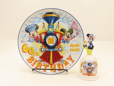Schmid 299-006/299-007 60th Birthday Mickey & Minnie Plate & Mickey Bell NIB