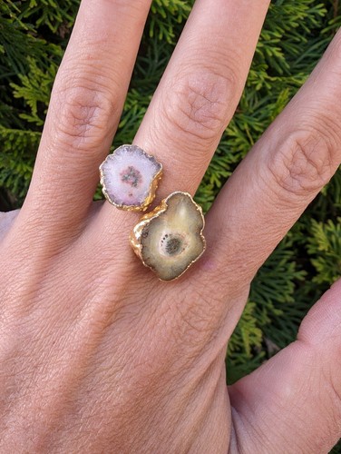 Artisan Handmade In Morocco Adjustable Boho Chic Double Geode Gold Ring Size 10 - Picture 2 of 8