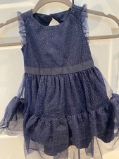 Janie and Jack Dress 2 Blue Gold Dots Tulle Lines Sleeveless Knee Lengh